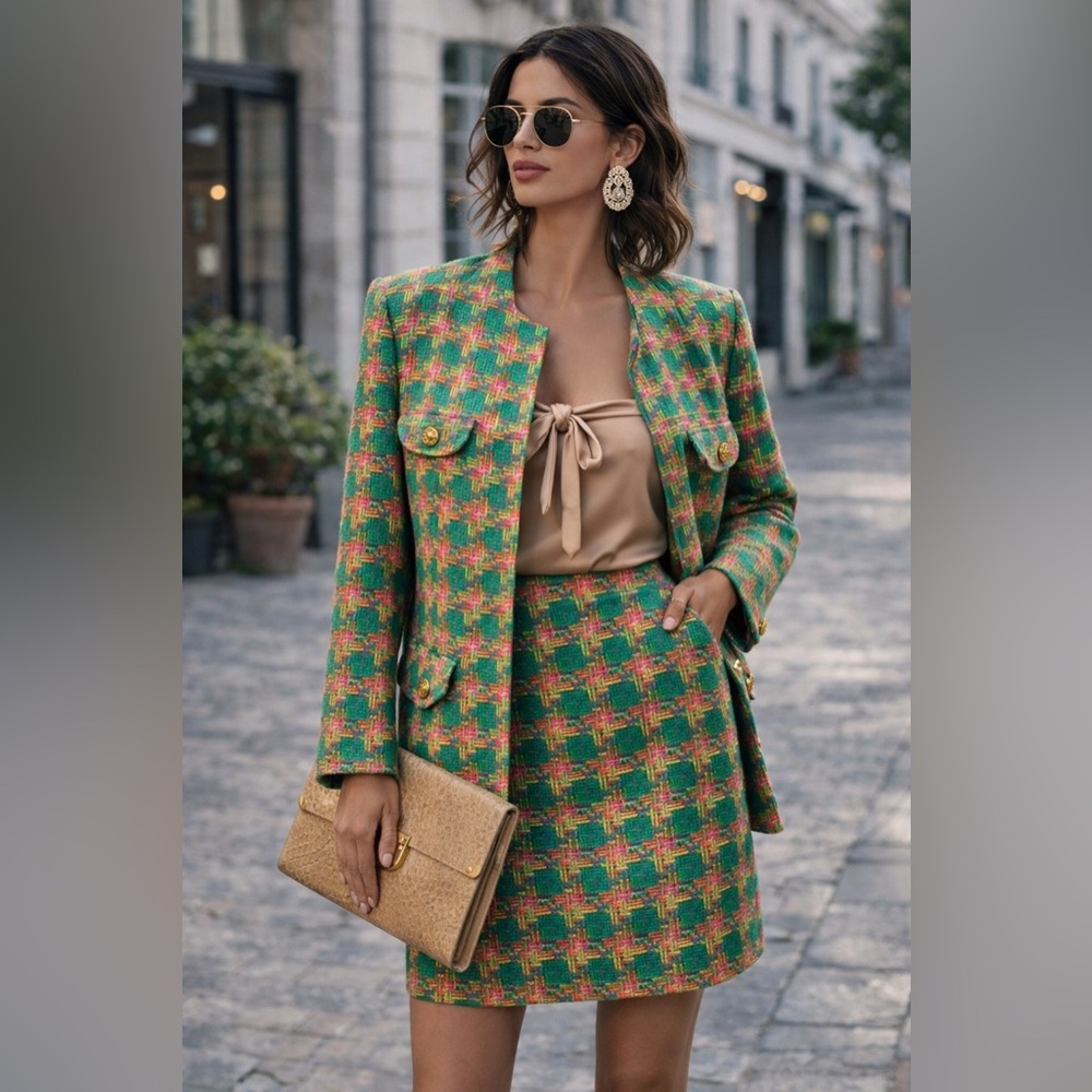 80s/90s Vintage Escada Plaid Bouclé Wool Suit Set | Couture-Inspired Power Suit